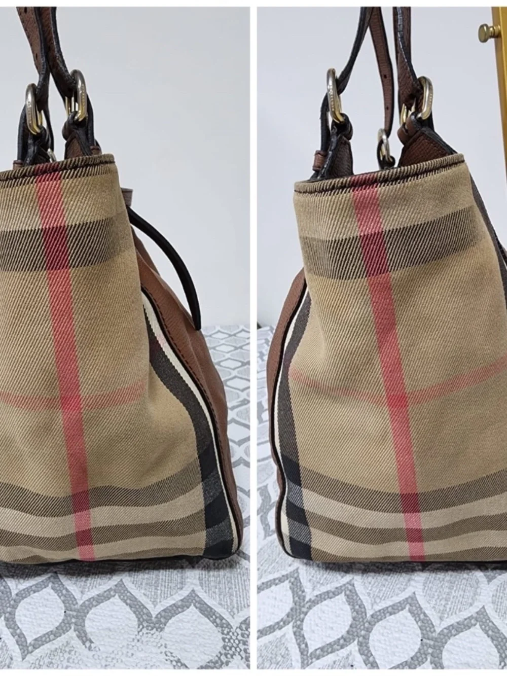 Authentic BURBERRY Leather And House Check Canvas Small Canterbury Tote Bag Brow